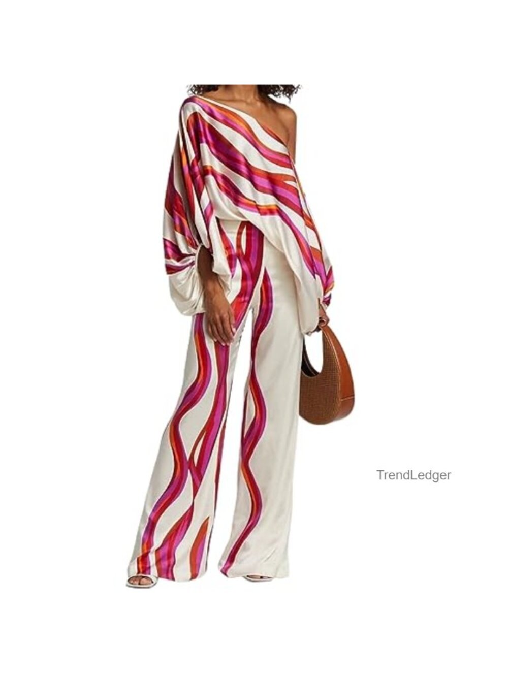 Womens 2 Piece Outfit Off Shoulder Printed Long Sleeve Wide Leg Pants Set